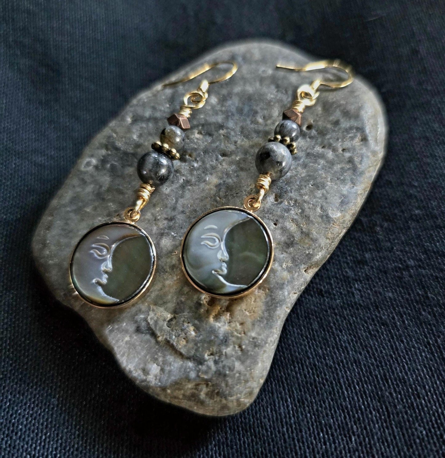 Labradorite, Abalone Shell Handmade Moon Face Earrings, Boho Celestial Jewelry