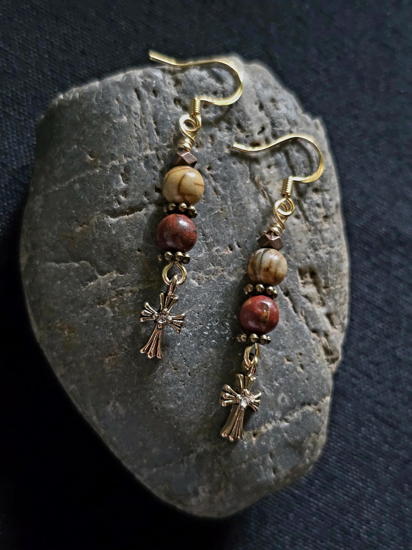 Red Jasper Picture Jasper Cross Dangle Earrings, Boho Gold Tone Gemstone Jewelry
