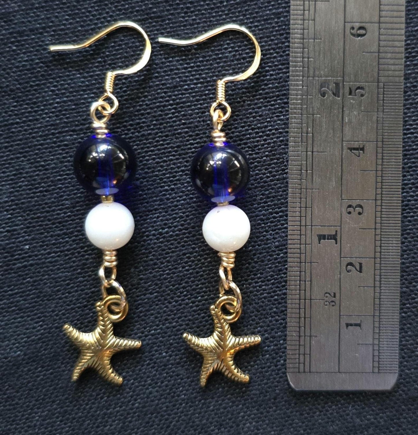 Nautical Blue White Beaded Bracelet Starfish Earrings Set, Cowrie Shell Charm Coastal Jewelry