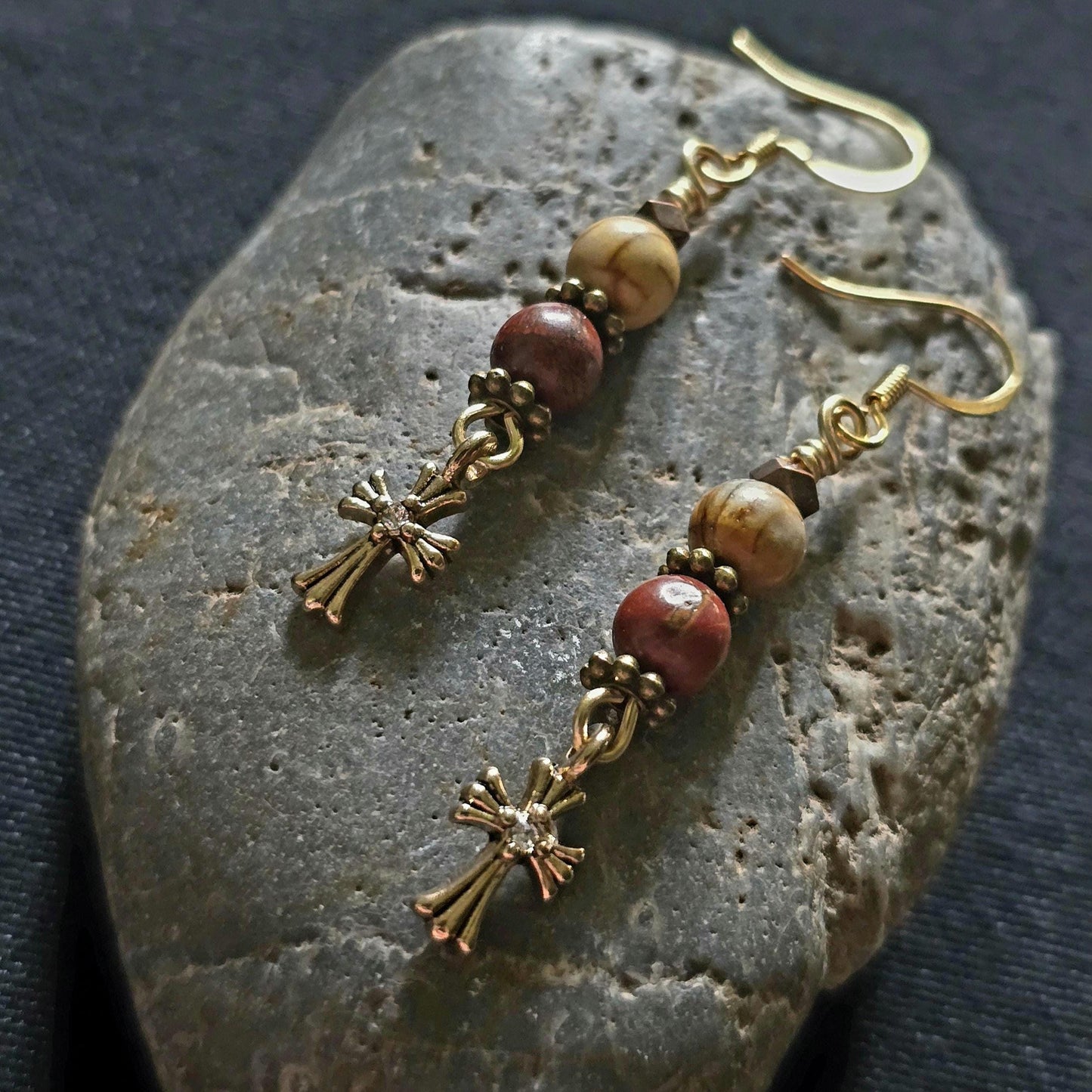 Red Jasper Picture Jasper Cross Dangle Earrings, Boho Gold Tone Gemstone Jewelry