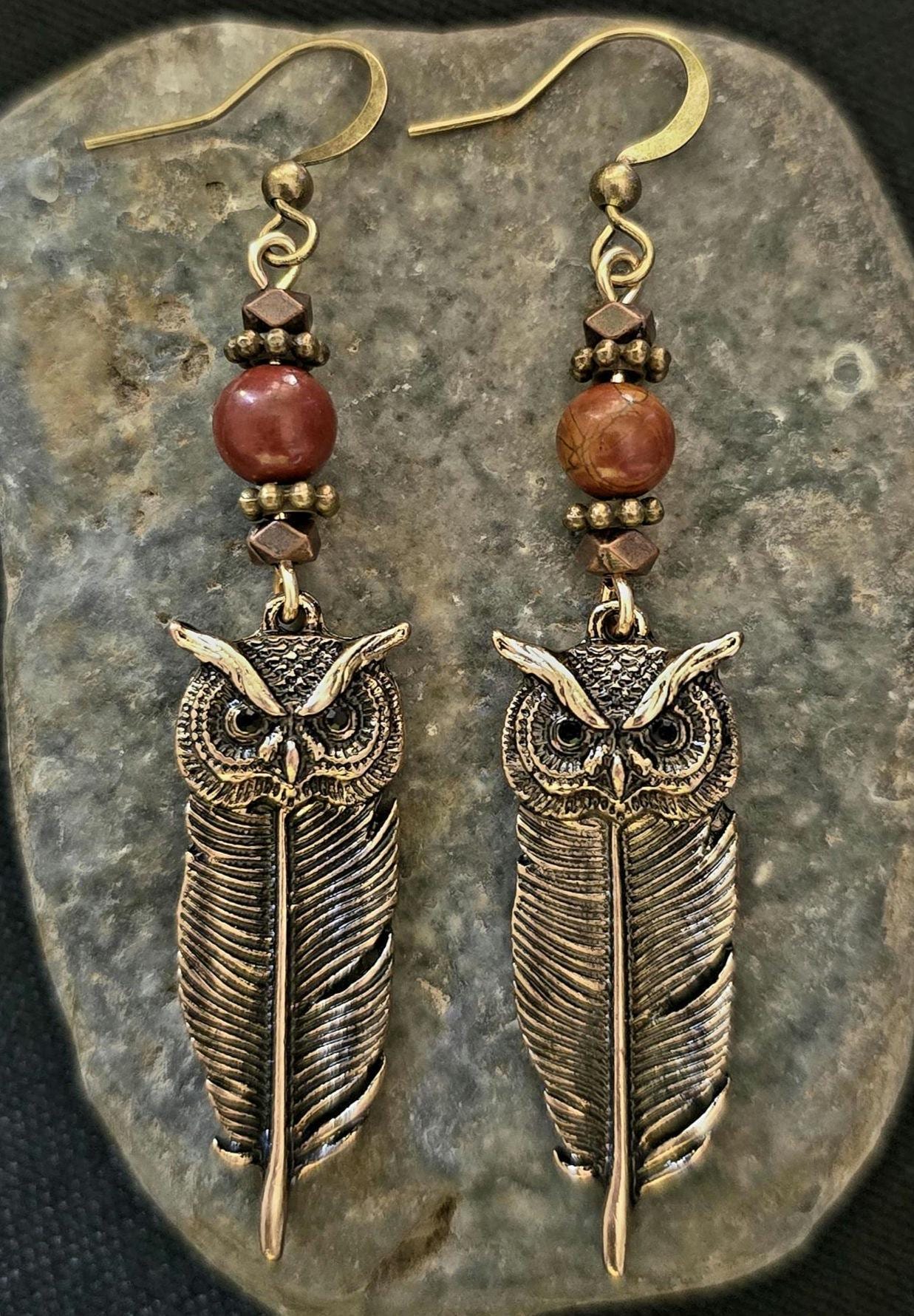 Bronze Owl Feather Earrings, Red Creek Jasper Beads, Rustic Boho Woodland Jewelry