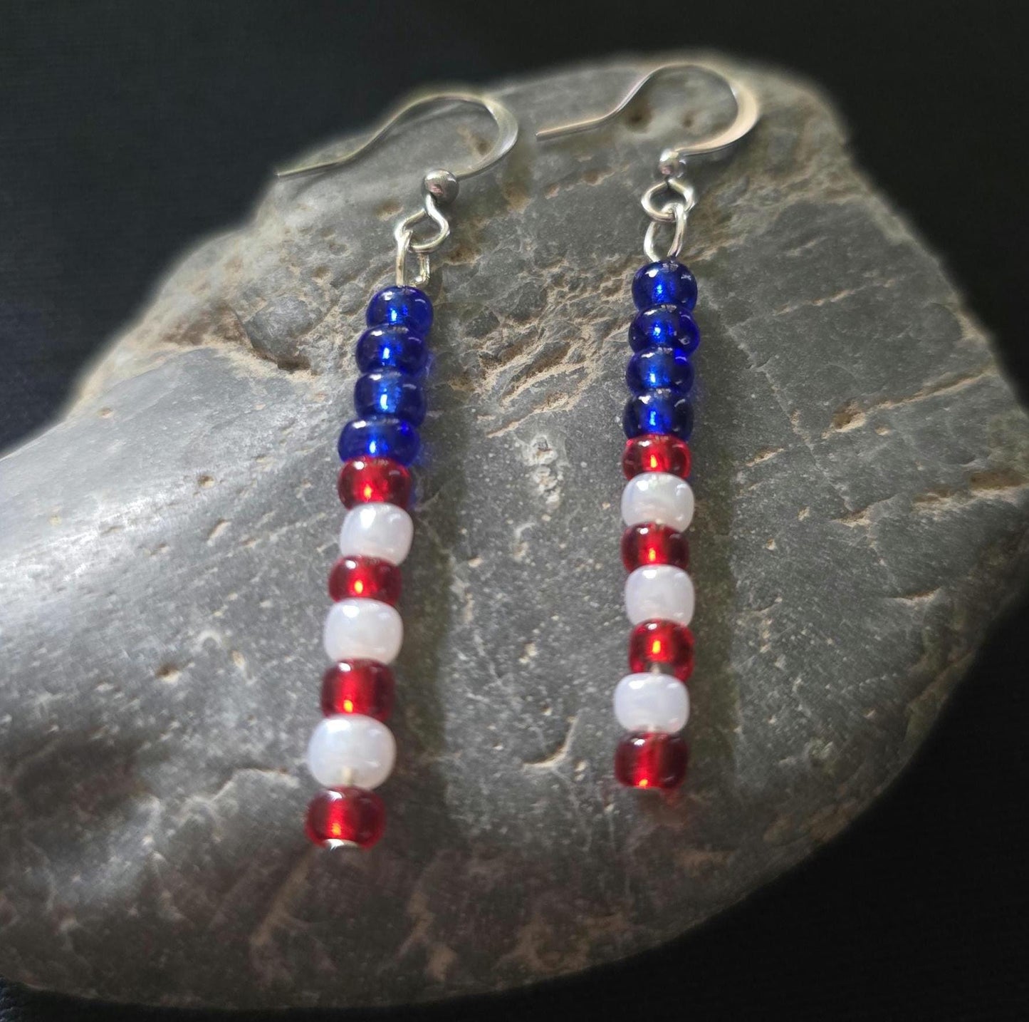 Fourth of July Patriotic Red White Blue Seed Bead Dangle Earrings, Boho Patriotic Jewelry