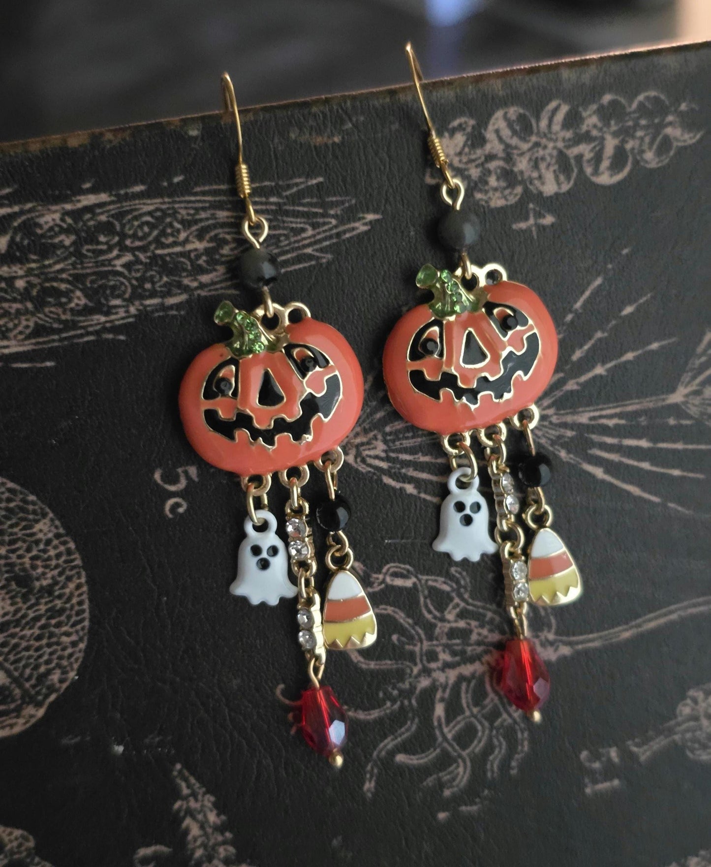 Handcrafted Halloween Pumpkin Ghost Candy Corn Dangle Earrings, Spooky Fall Jewelry