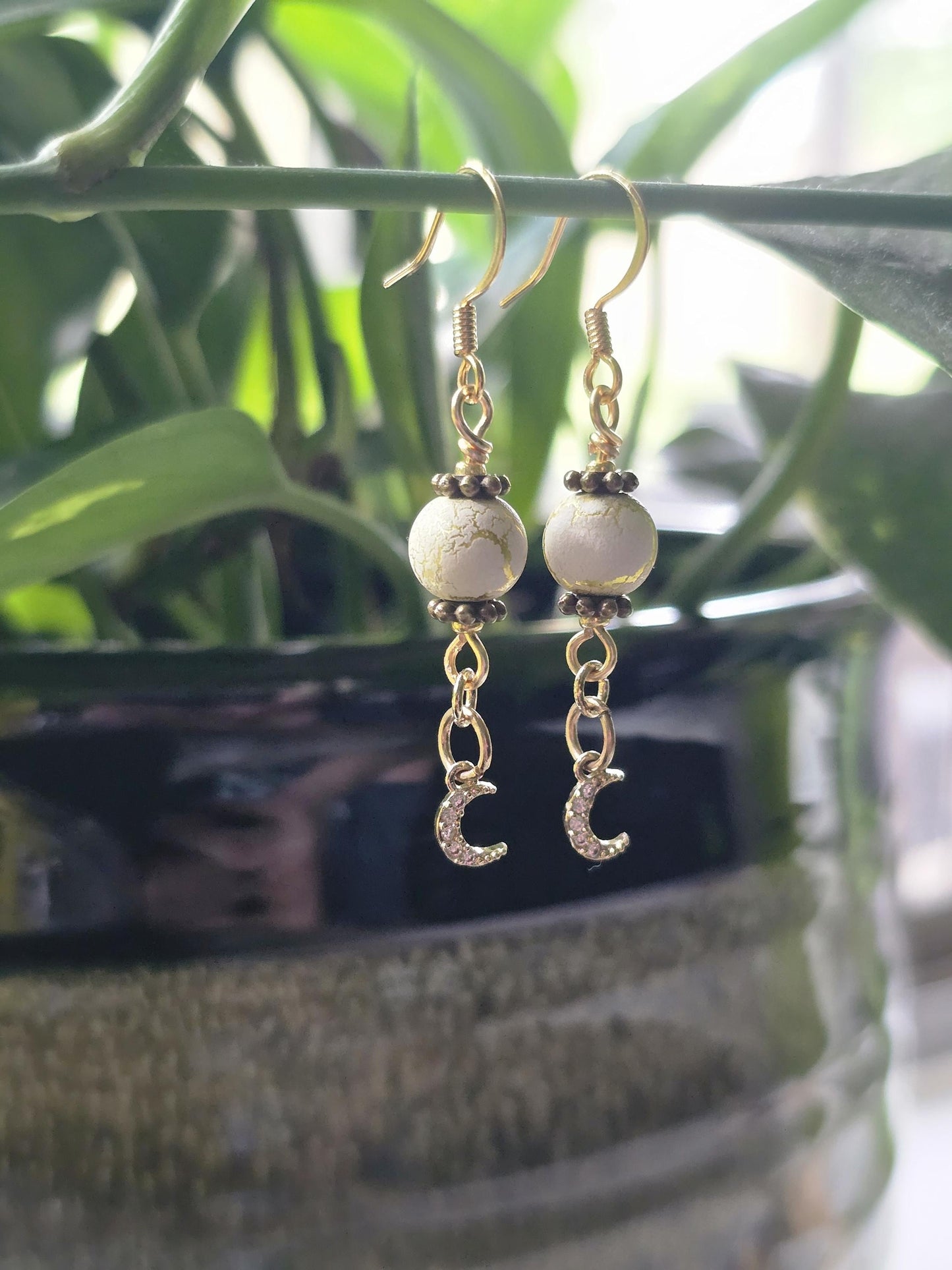 White Gold Moon Dangle Earrings, Celestial Boho Crystal Jewelry