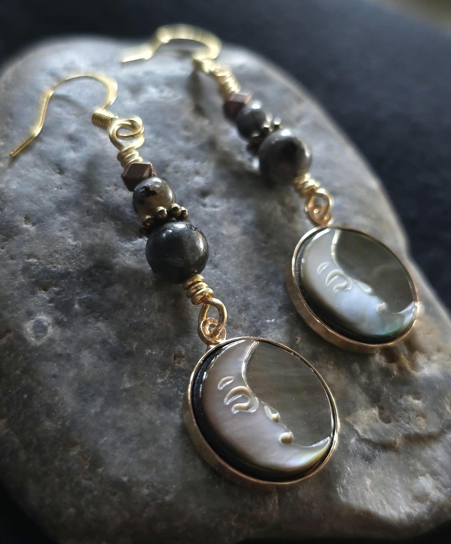 Labradorite, Abalone Shell Handmade Moon Face Earrings, Boho Celestial Jewelry