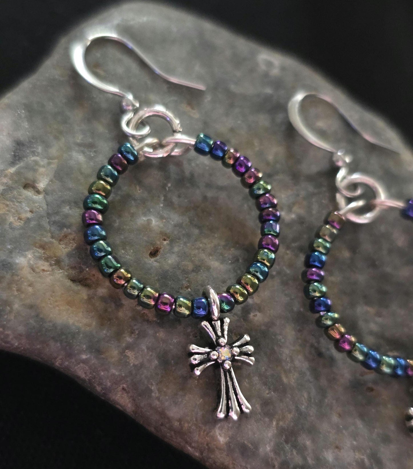 Metallic Rainbow Iridescent Glass Cross Pendant Earrings, Handmade Shimmering Statement Jewelry, Gift For Her