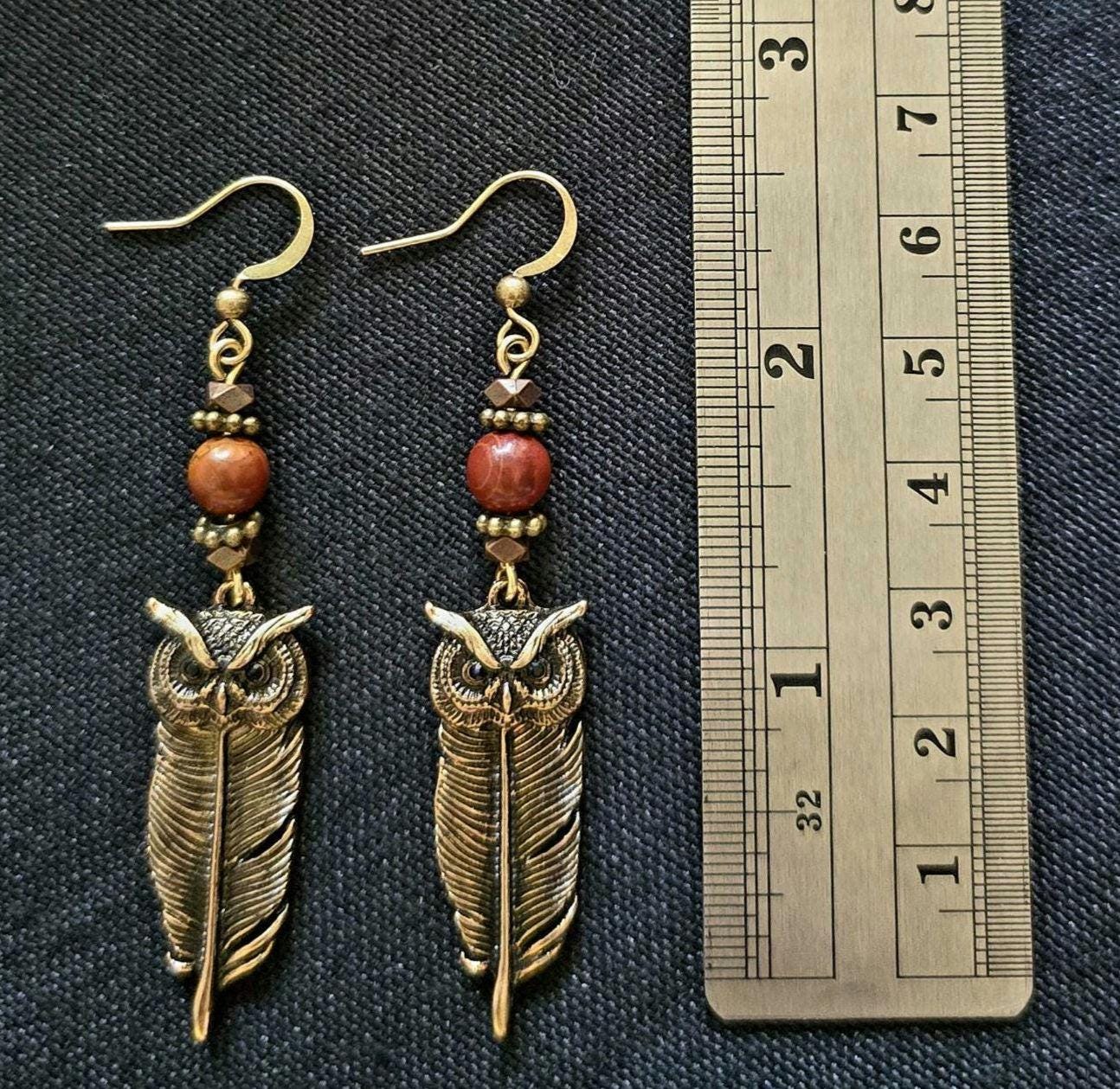 Bronze Owl Feather Earrings, Red Creek Jasper Beads, Rustic Boho Woodland Jewelry