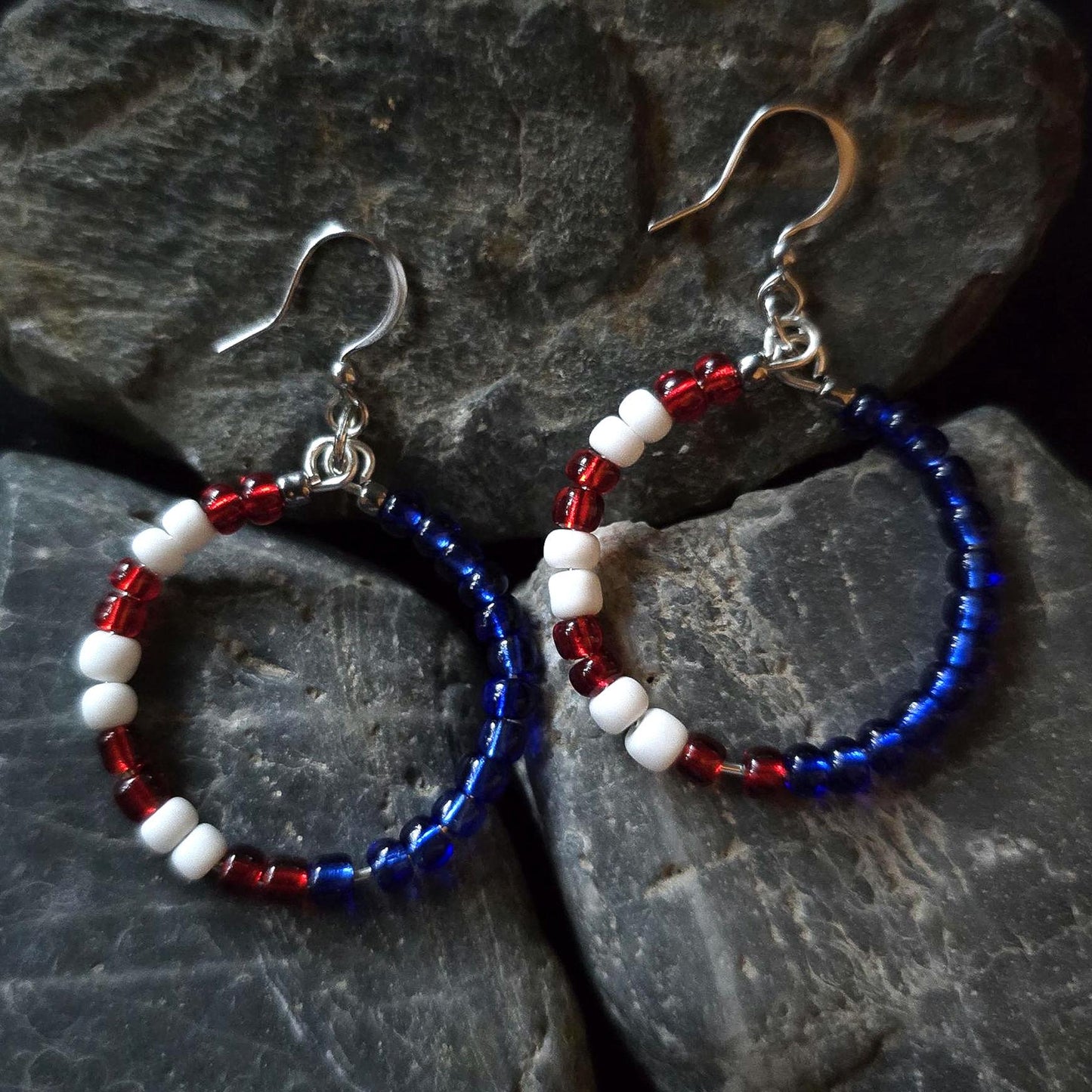 Patriotic Red White Blue Seed Bead Hoop Earrings, Boho Patriotic Jewelry