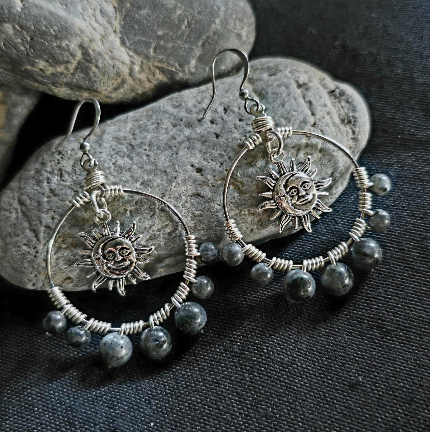 Handmade Labradorite Sun Moon Hoop Earrings, Celestial Wire Wrapped Boho Jewelry
