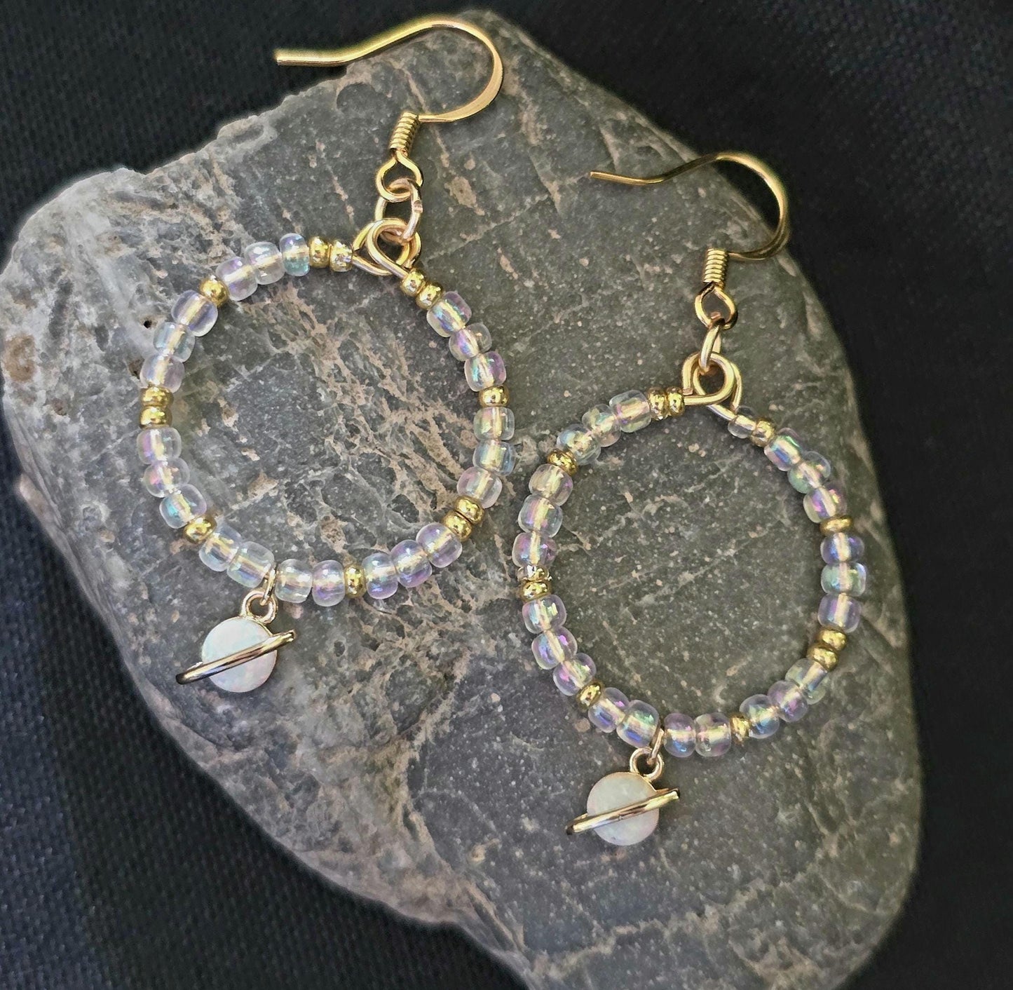 Opalite Saturn Planet Hoop Earrings: Iridescent Beads, Gold Accents, Celestial Charm
