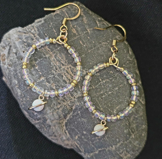 Opalite Saturn Planet Hoop Earrings: Iridescent Beads, Gold Accents, Celestial Charm