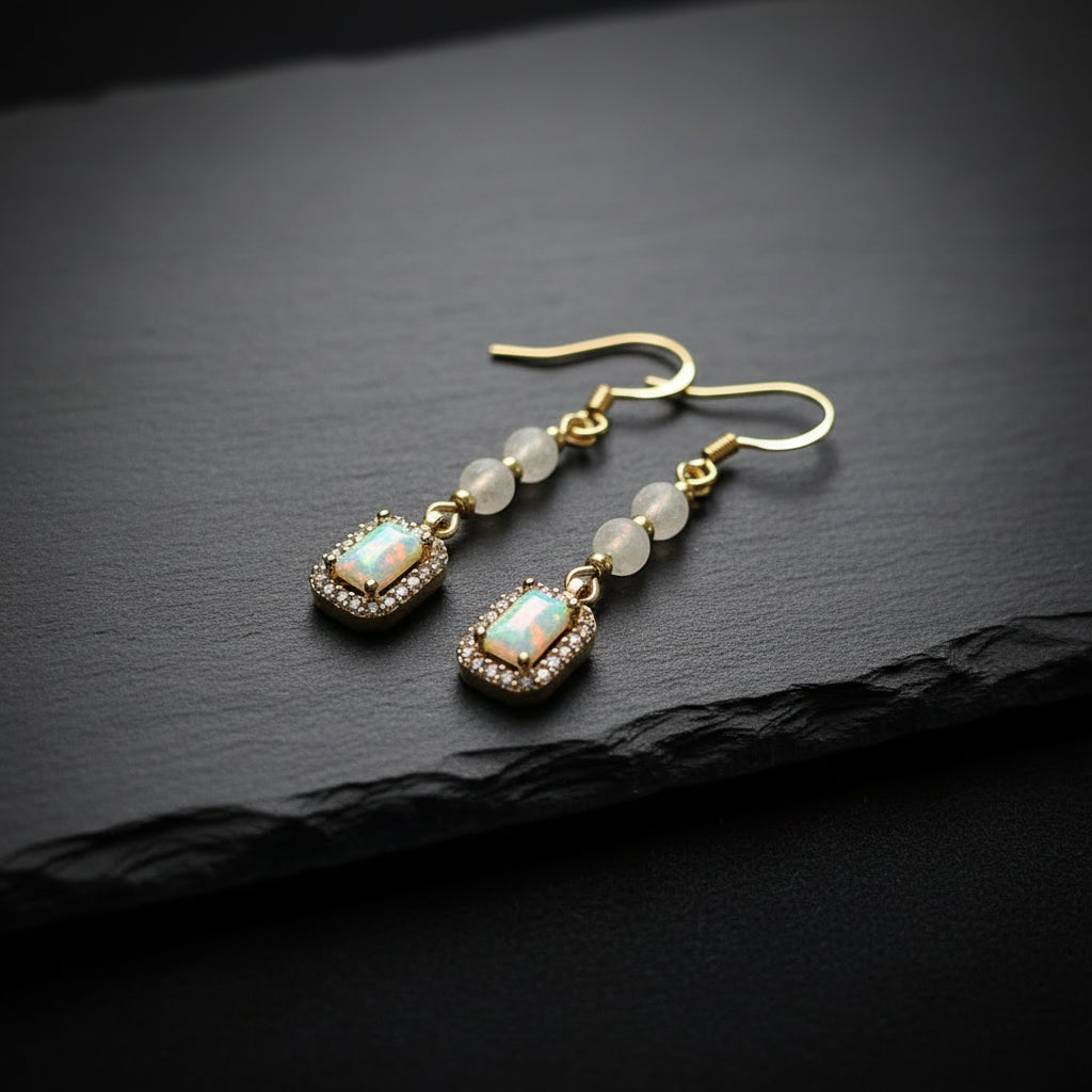 Gold and Glass Crackle Beaded Synthetic Opal Pendant Handmade Dangle Earrings
