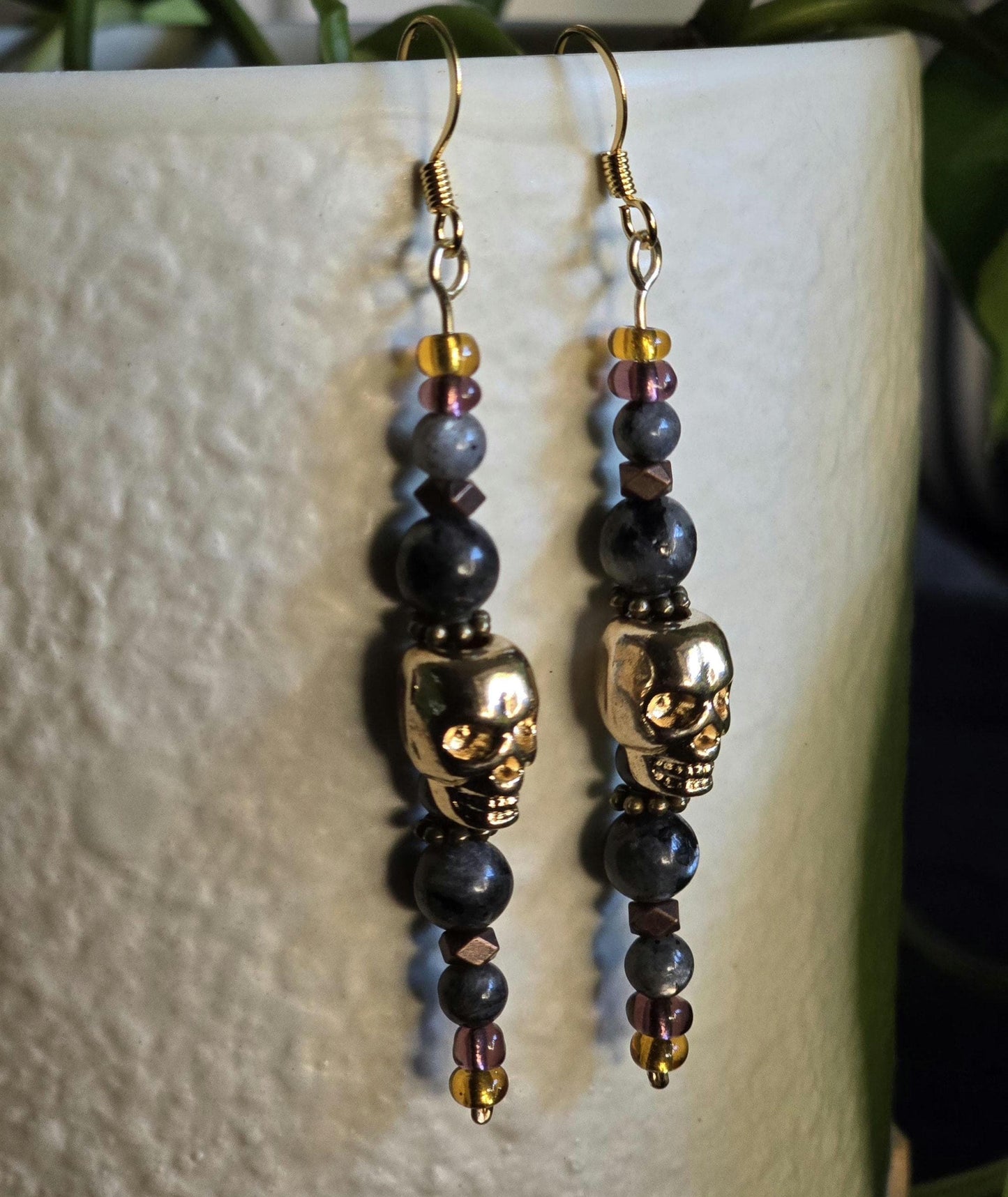 Gold Skull Dangle Earrings, Labradorite Gemstone Earrings, Gothic Halloween Jewelry, Boho Skull Earrings, Handmade Fall Gift