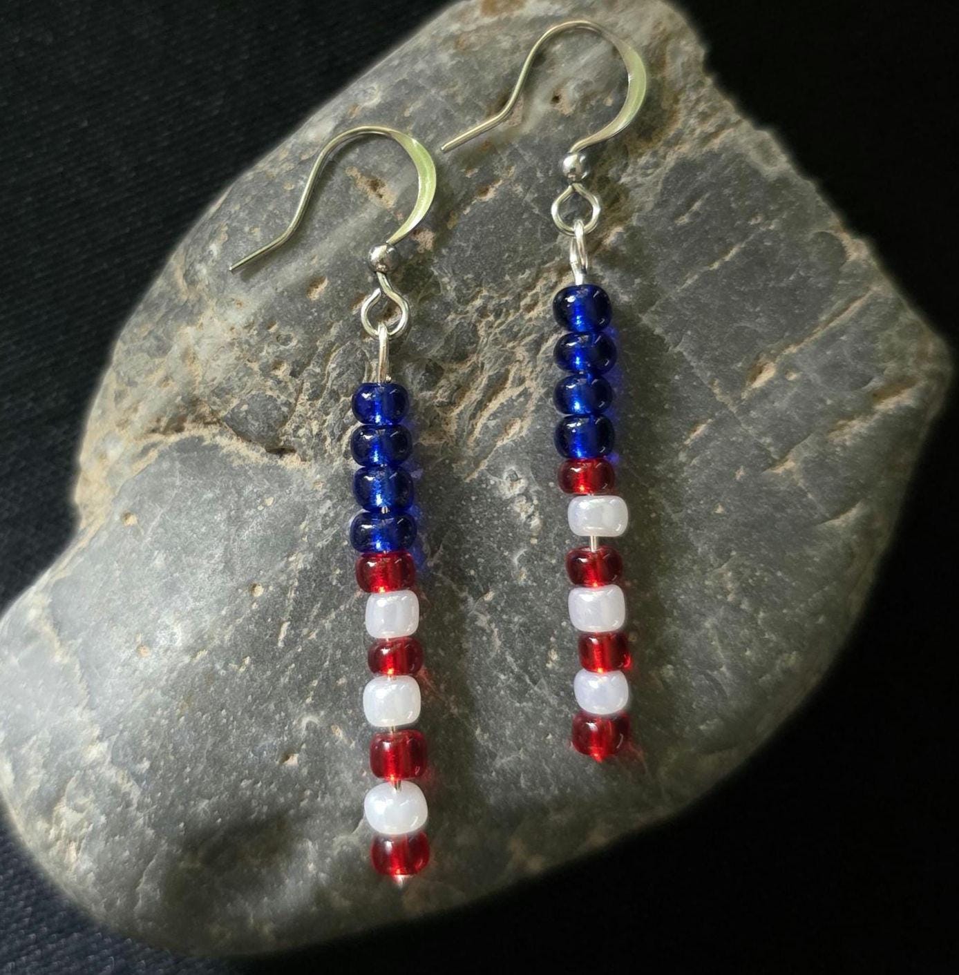 Fourth of July Patriotic Red White Blue Seed Bead Dangle Earrings, Boho Patriotic Jewelry