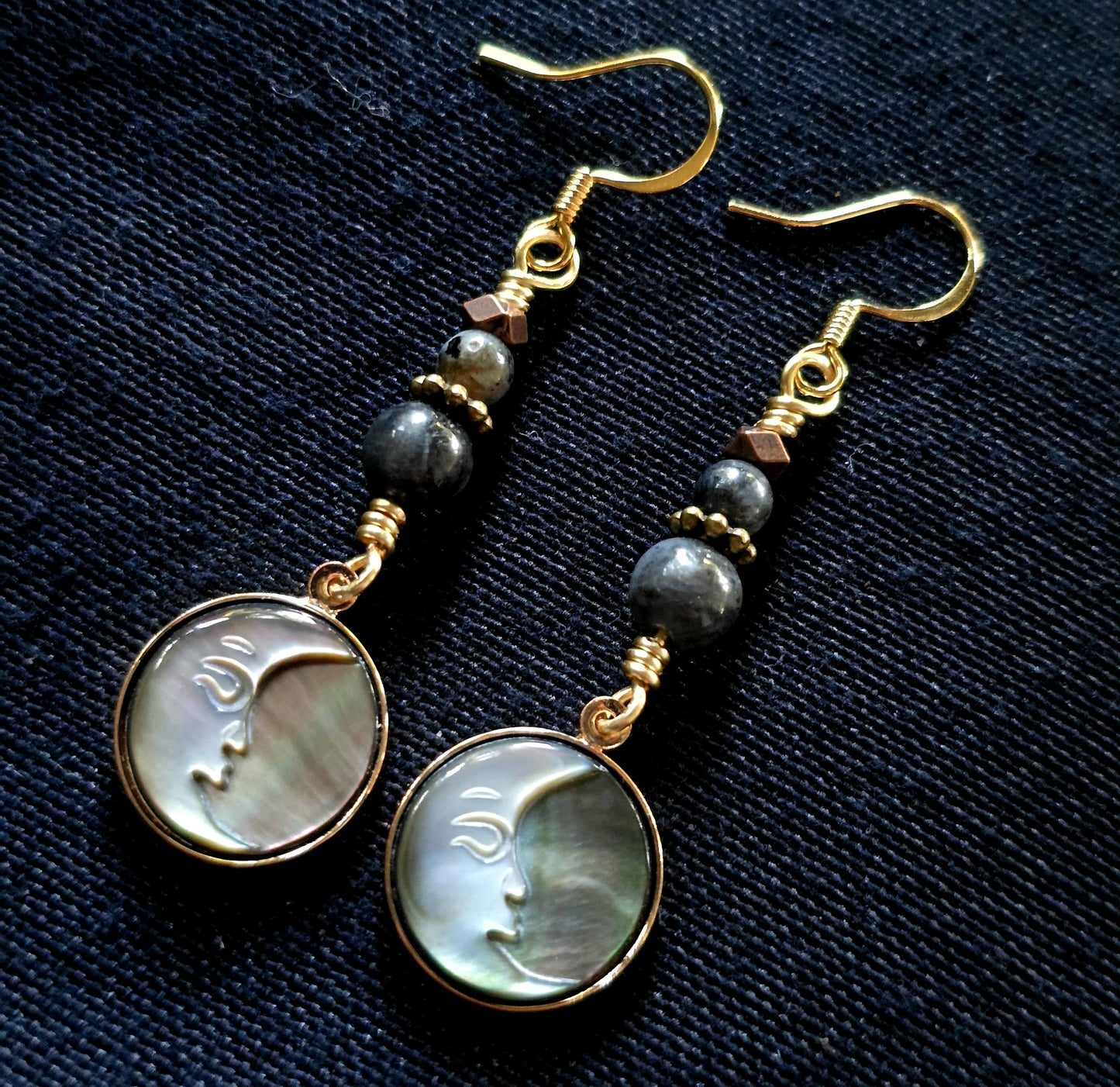 Labradorite, Abalone Shell Handmade Moon Face Earrings, Boho Celestial Jewelry