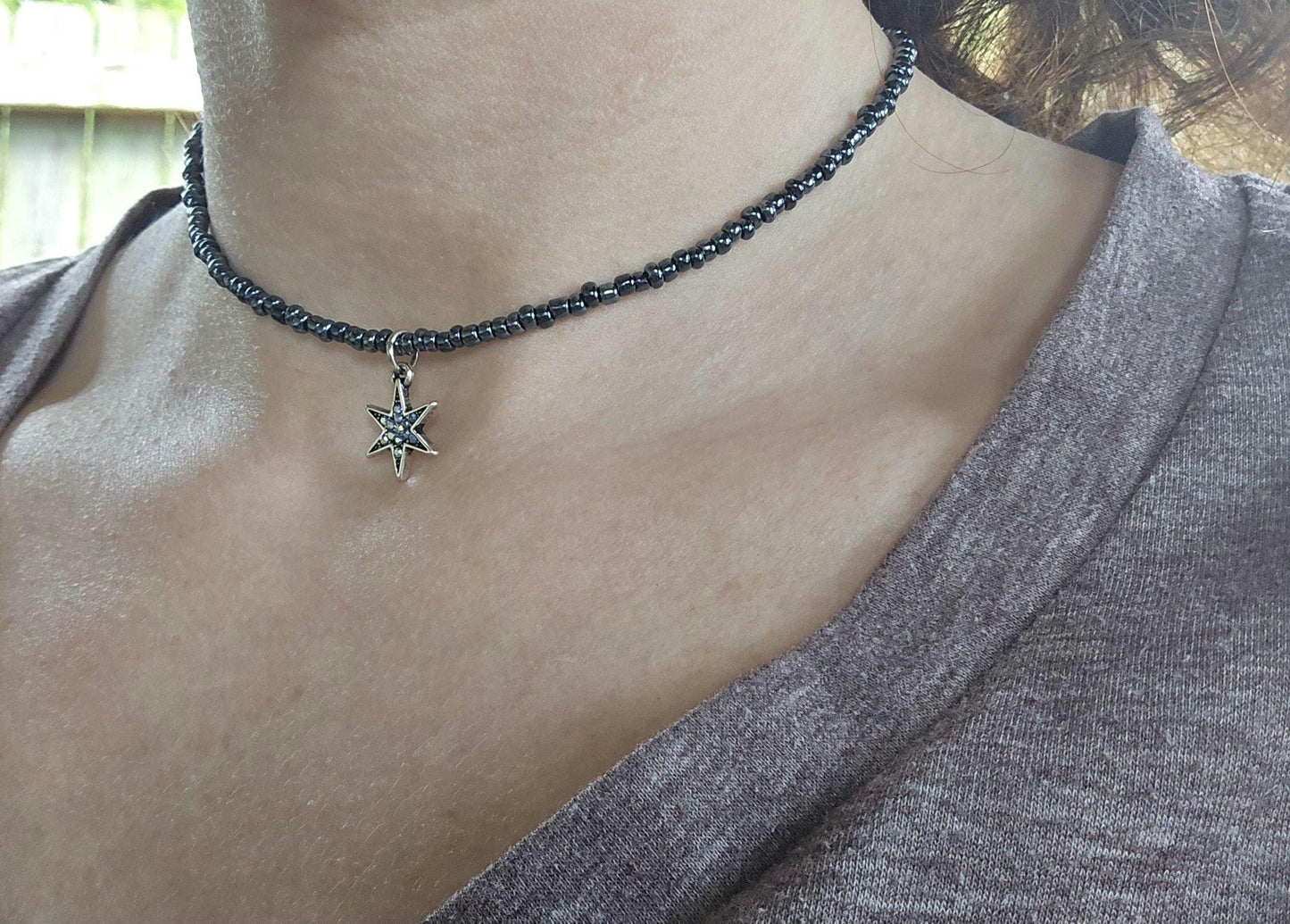 Midnight Navy Seed Bead Star Choker Necklace, Iridescent Charm, Minimalist Beaded Jewelry