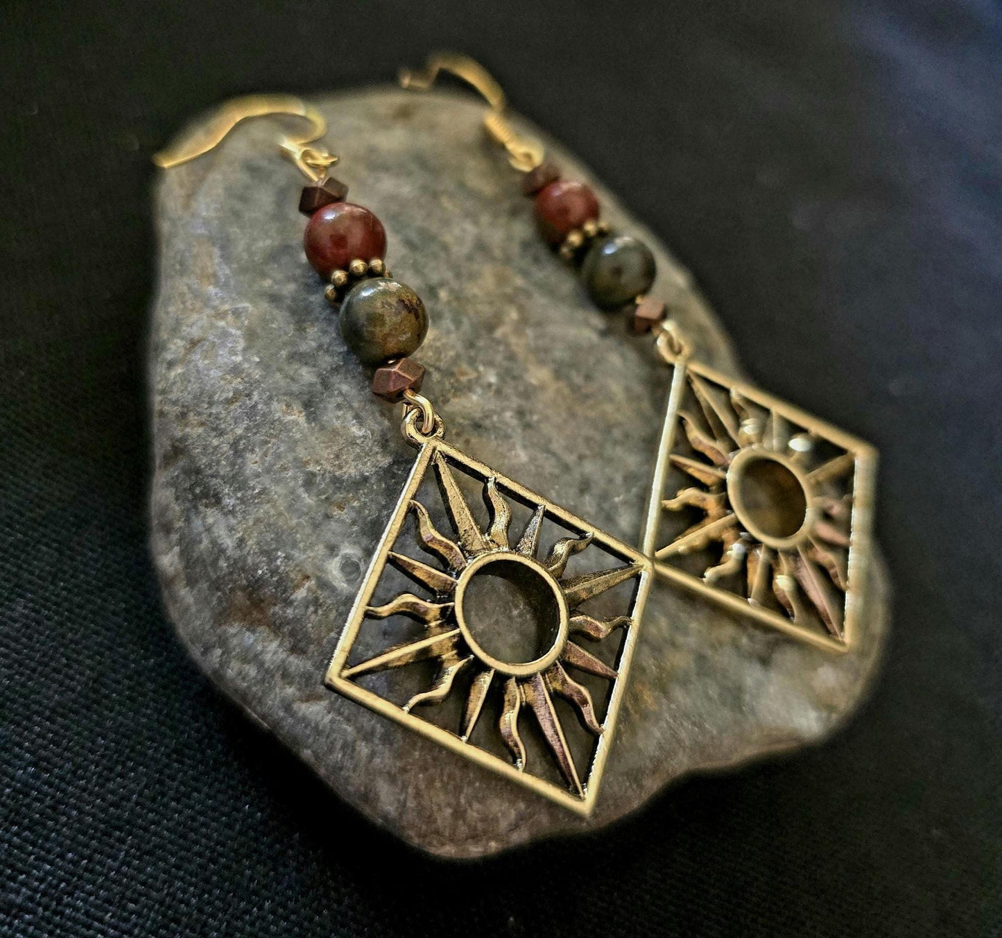 Sunburst Red Creek Jasper Beads Dangle Earrings, Rustic Boho Bohemian Handmade Earrings, Celestial Bronze Jewelry