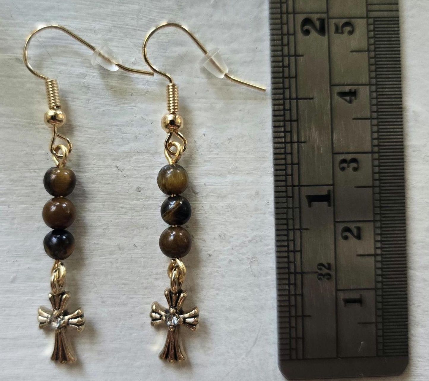 Tiger Eye Jasper Cross Dangle Earrings, Boho Copper Wire Jewelry