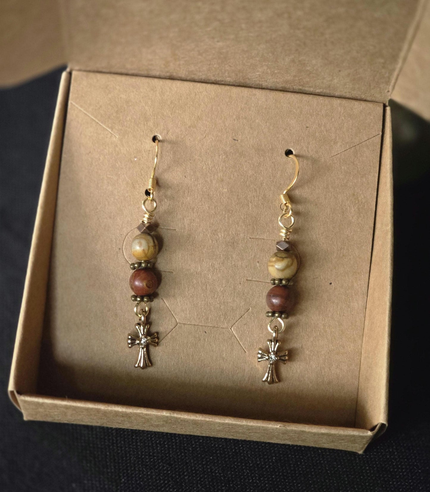 Red Jasper Picture Jasper Cross Dangle Earrings, Boho Gold Tone Gemstone Jewelry