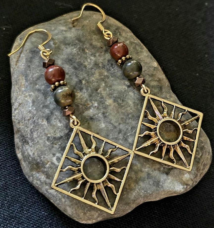 Sunburst Red Creek Jasper Beads Dangle Earrings, Rustic Boho Bohemian Handmade Earrings, Celestial Bronze Jewelry