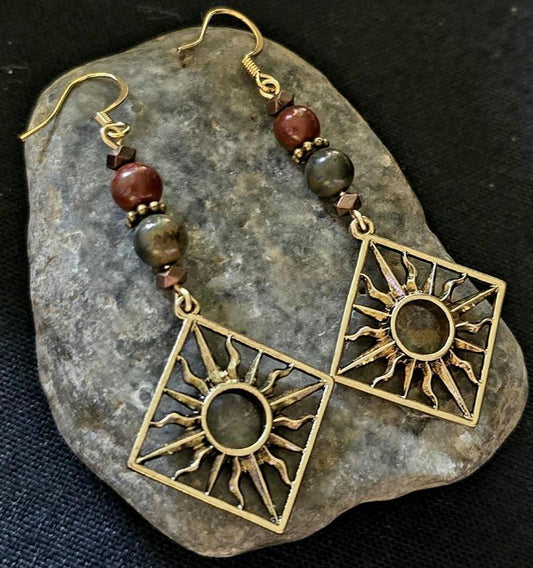 Sunburst Red Creek Jasper Beads Dangle Earrings, Rustic Boho Bohemian Handmade Earrings, Celestial Bronze Jewelry