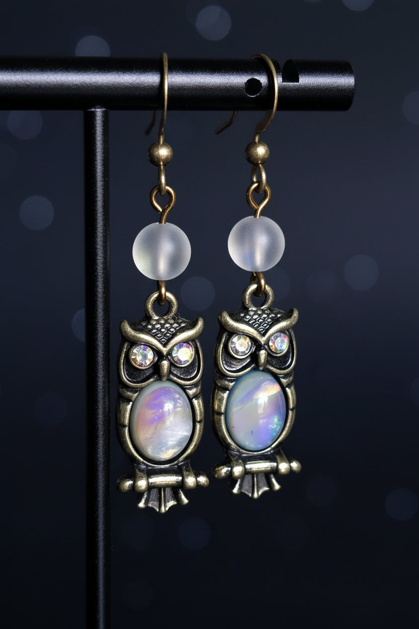 Antique Brass Owl Earrings, Opalite Moonstone Dangle, Celestial Boho Jewelry