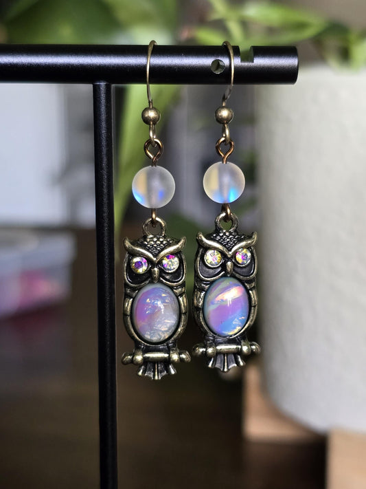Antique Brass Owl Earrings, Opalite Moonstone Dangle, Celestial Boho Jewelry