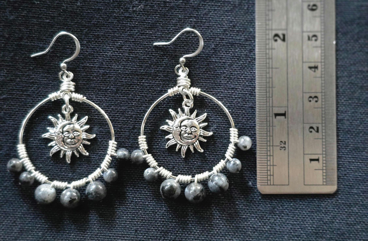 Handmade Labradorite Sun Moon Hoop Earrings, Celestial Wire Wrapped Boho Jewelry