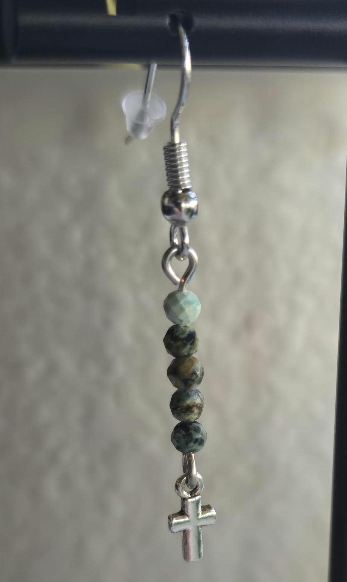 Bluegreen African Jasper Dainty Cross Dangle Earrings