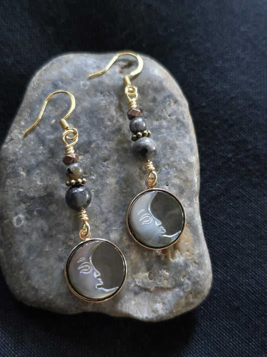 Labradorite, Abalone Shell Handmade Moon Face Earrings, Boho Celestial Jewelry