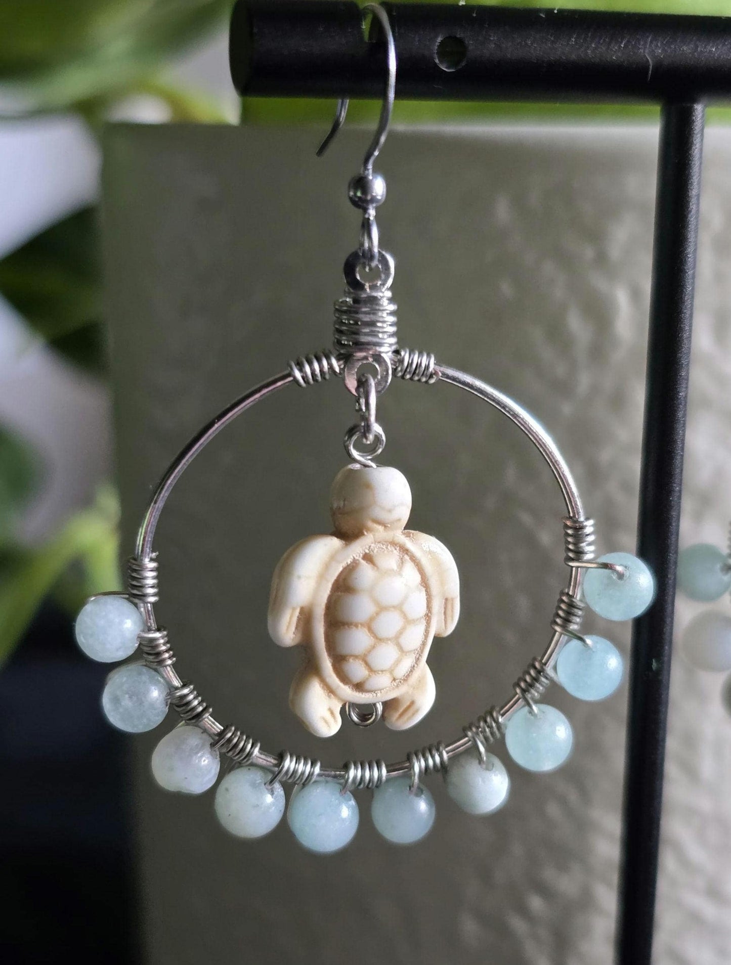 Amazonite Stone Turtle Hoops, Silver Wire Wrapped Dangle Earrings, Ocean Theme Jewelry