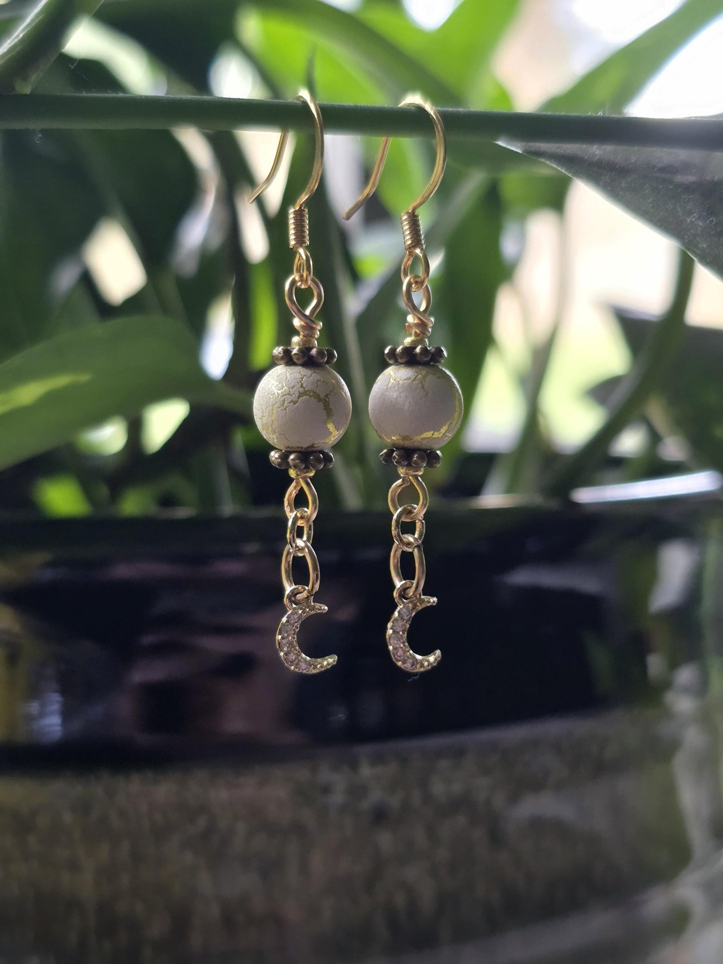 White Gold Moon Dangle Earrings, Celestial Boho Crystal Jewelry