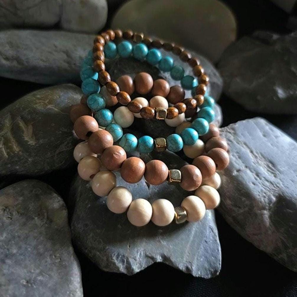 Boho Wood Turquoise Stretch Bracelet Set, Stackable Beaded Natural Jewelry