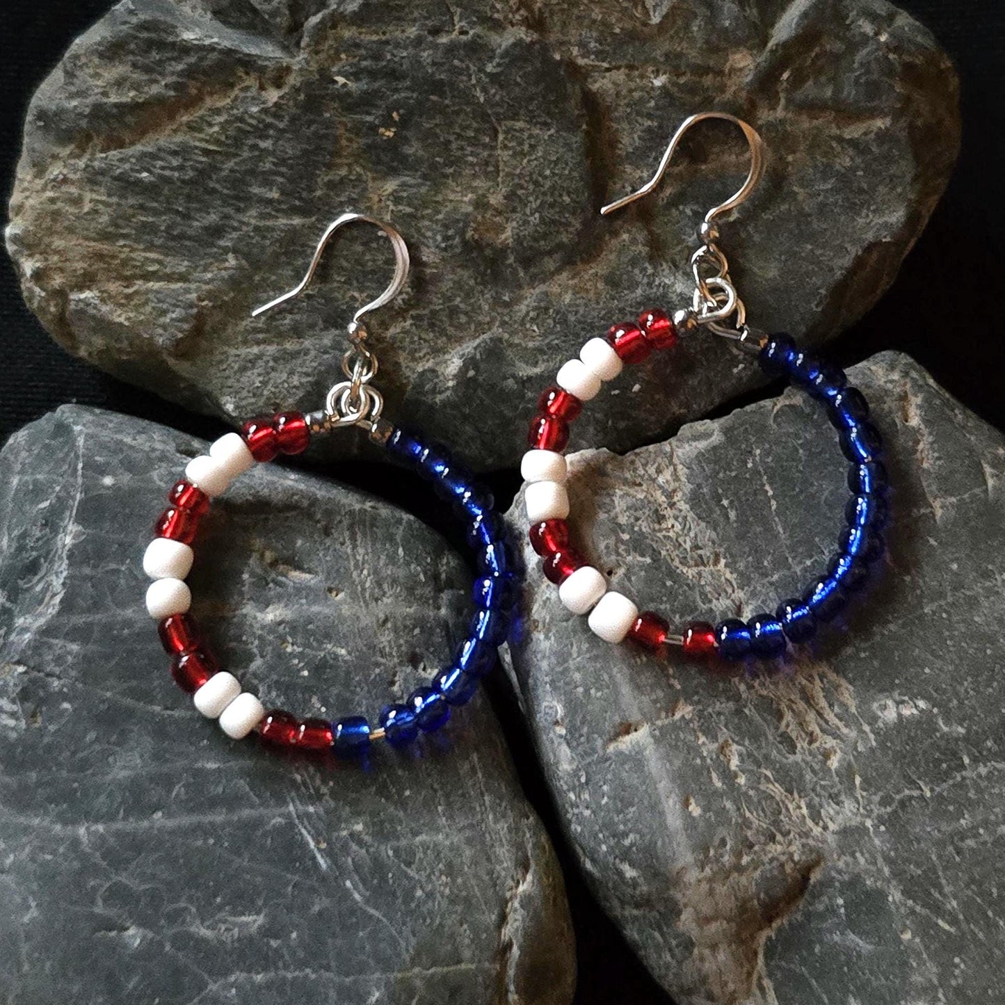 Patriotic Red White Blue Seed Bead Hoop Earrings, Boho Patriotic Jewelry