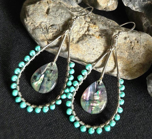 Abalone Shell Teardrop Earrings, Wire Wrapped Turquoise Beaded Earrings, Coastal Boho Dangle Jewelry