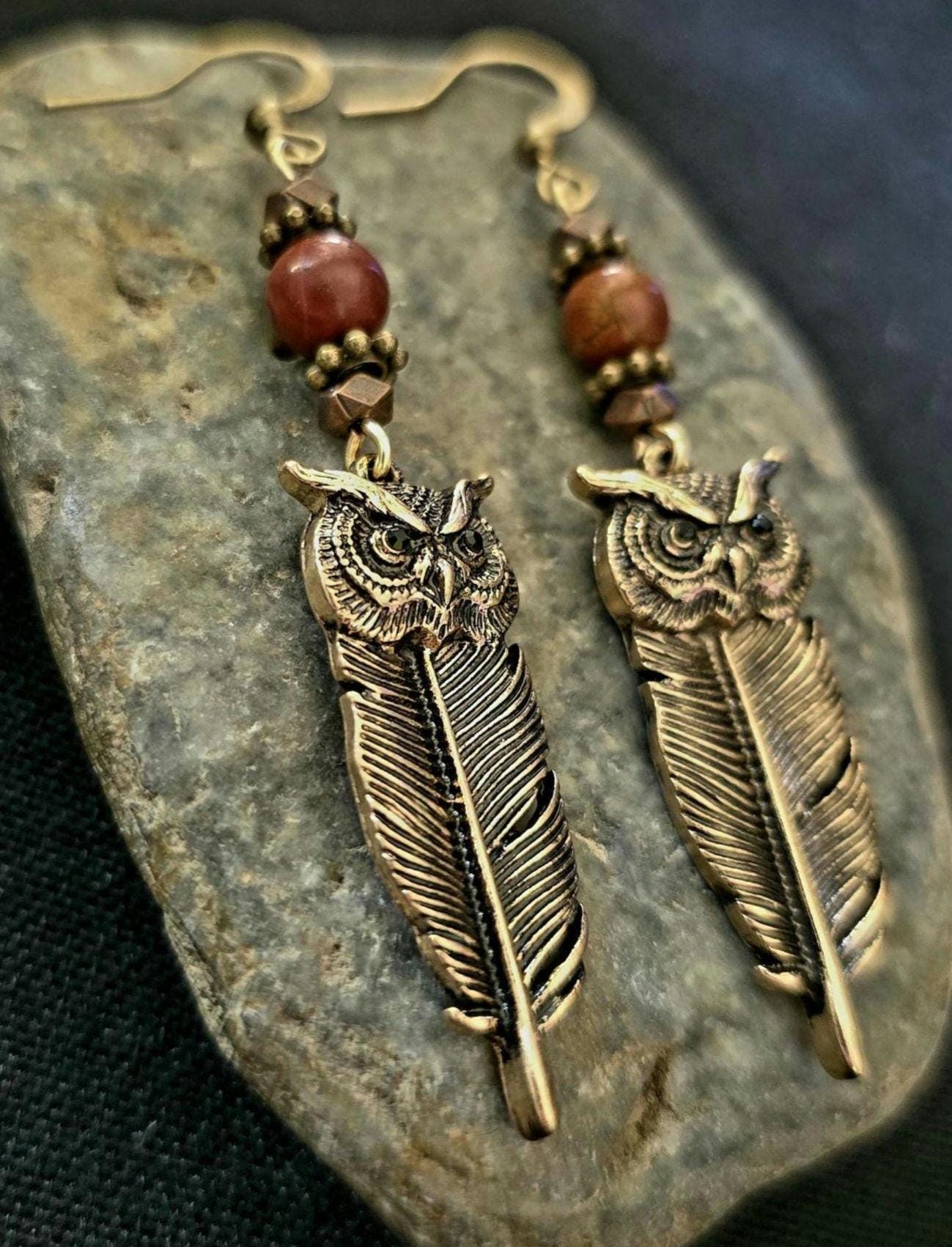 Bronze Owl Feather Earrings, Red Creek Jasper Beads, Rustic Boho Woodland Jewelry