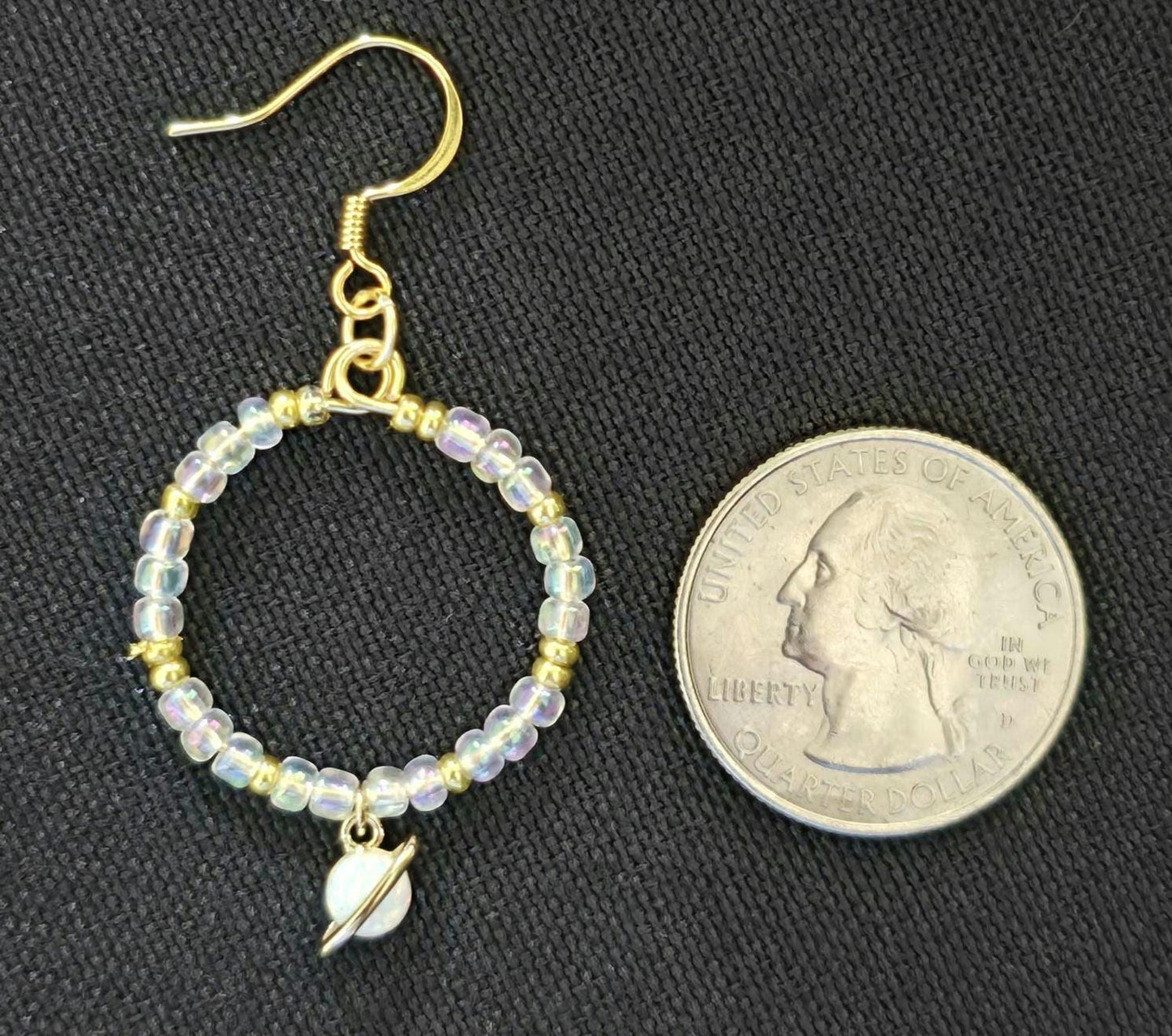 Opalite Saturn Planet Hoop Earrings: Iridescent Beads, Gold Accents, Celestial Charm