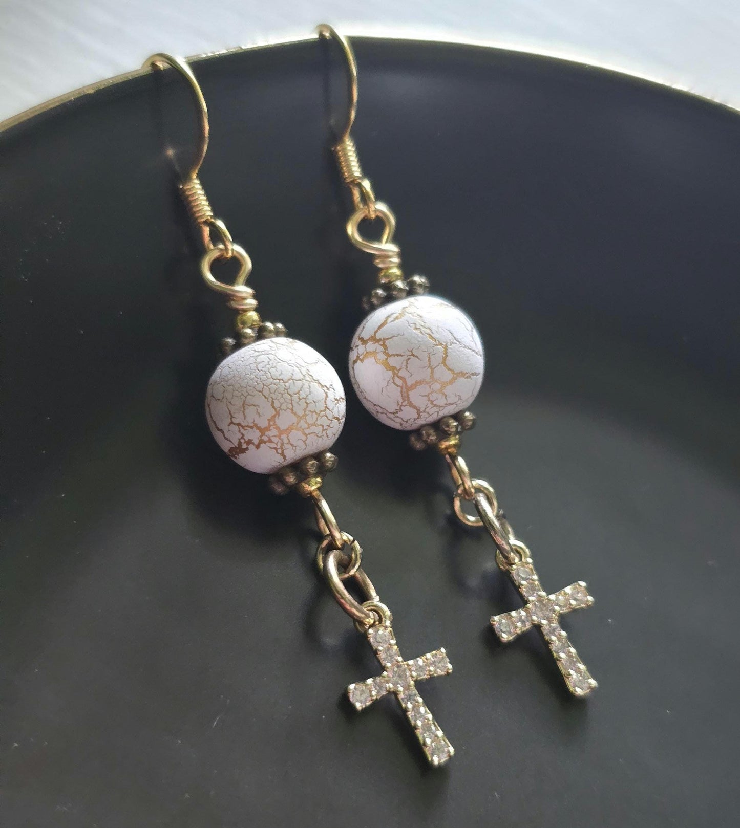 Gold Cross Dangle Earrings, White Cracked Stone Beads, Boho Jewelry