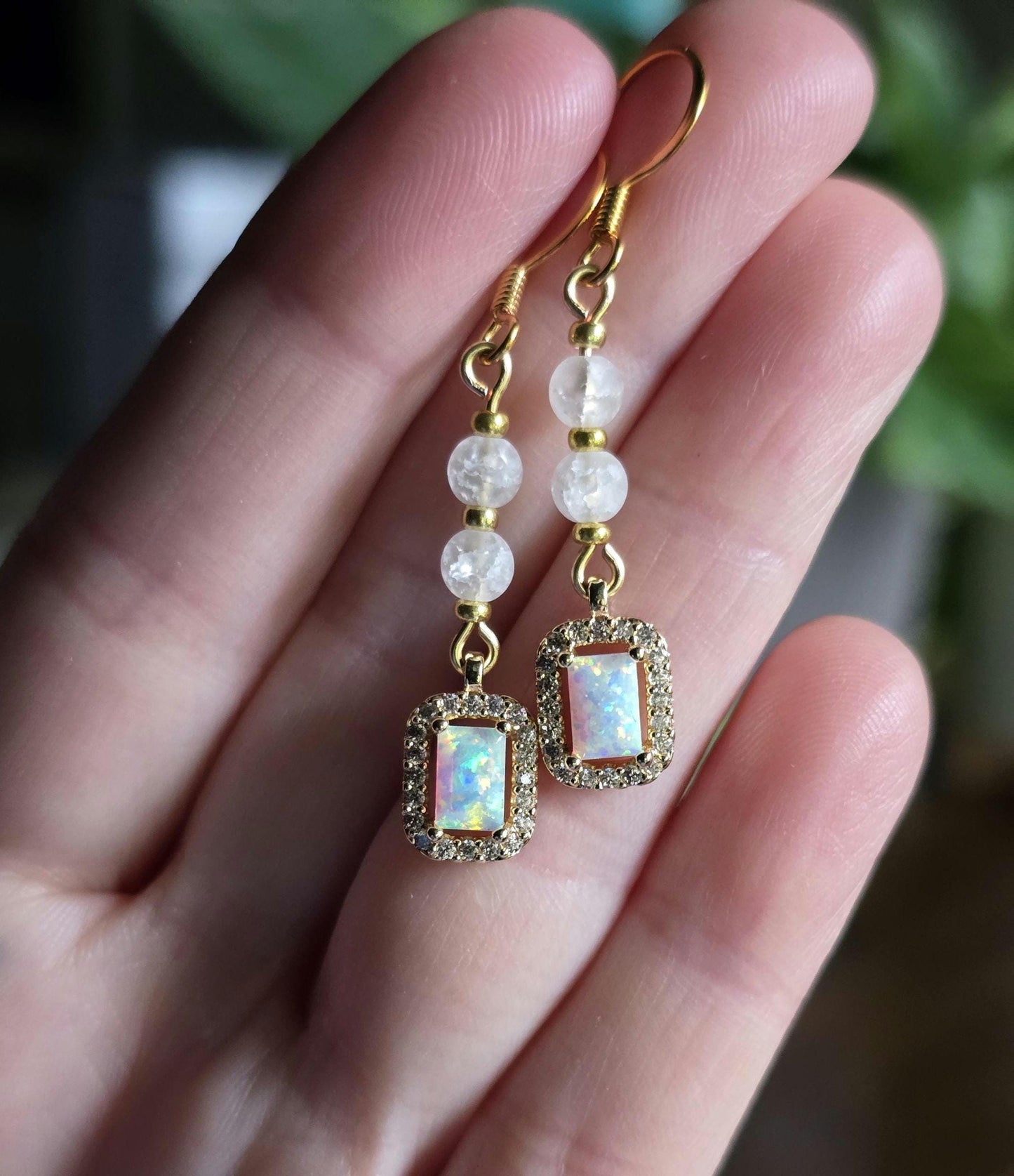Gold and Glass Crackle Beaded Synthetic Opal Pendant Handmade Dangle Earrings