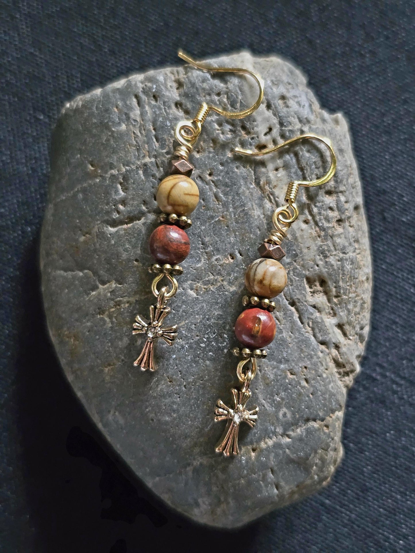Red Jasper Picture Jasper Cross Dangle Earrings, Boho Gold Tone Gemstone Jewelry