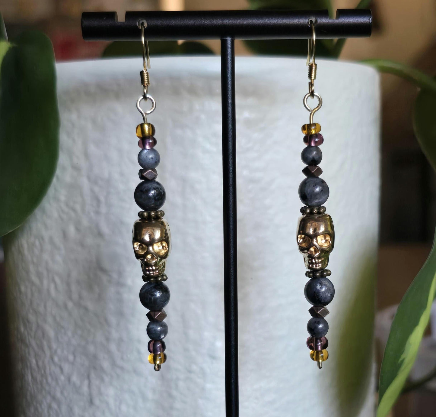 Gold Skull Dangle Earrings, Labradorite Gemstone Earrings, Gothic Halloween Jewelry, Boho Skull Earrings, Handmade Fall Gift