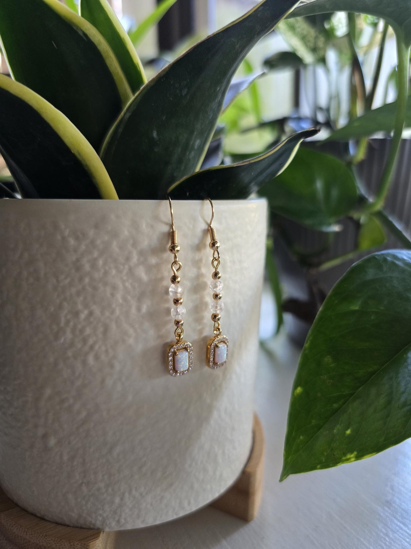 Gold and Glass Crackle Beaded Synthetic Opal Pendant Handmade Dangle Earrings