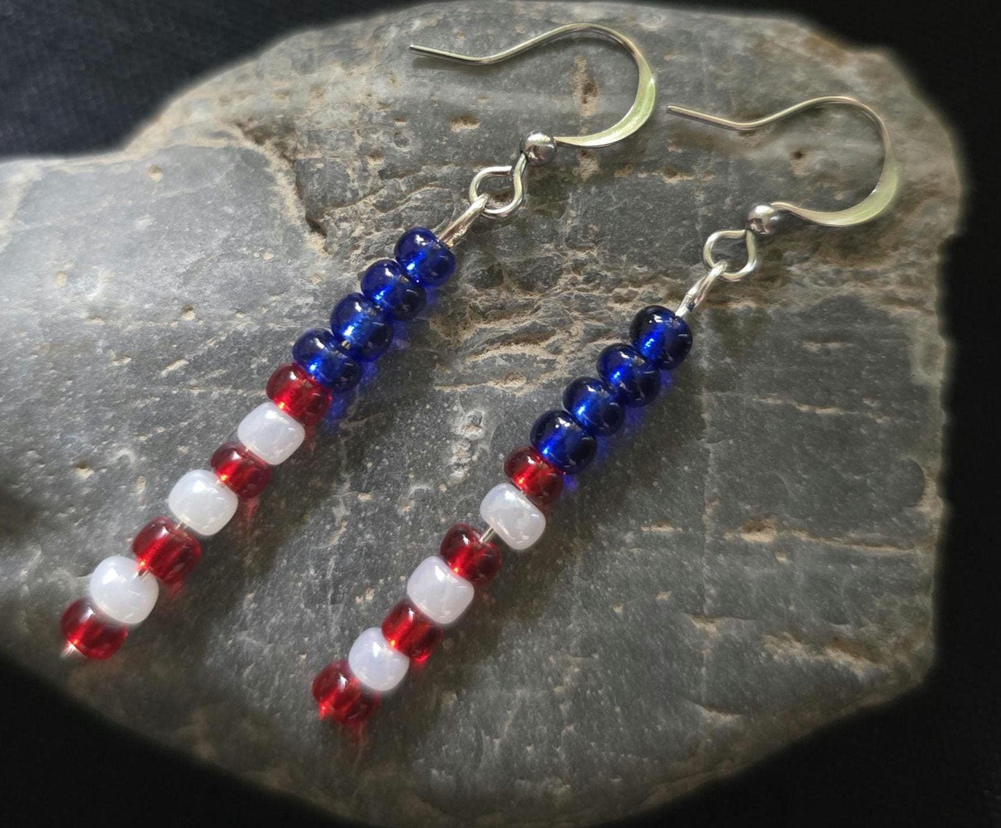 Fourth of July Patriotic Red White Blue Seed Bead Dangle Earrings, Boho Patriotic Jewelry