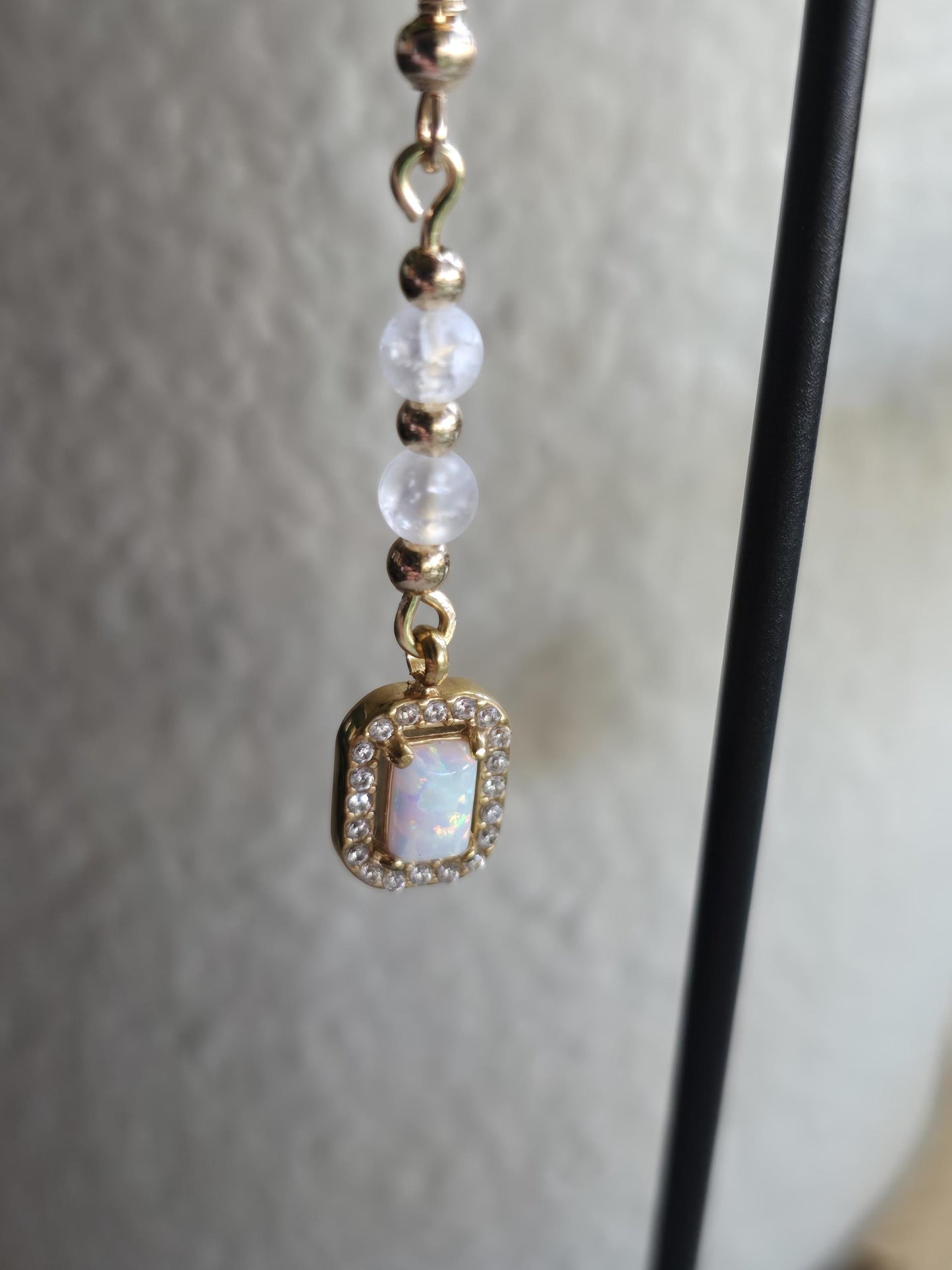 Gold and Glass Crackle Beaded Synthetic Opal Pendant Handmade Dangle Earrings