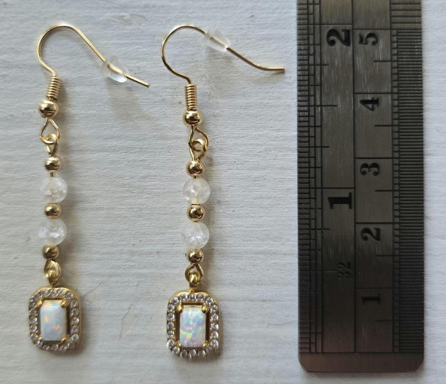 Gold and Glass Crackle Beaded Synthetic Opal Pendant Handmade Dangle Earrings