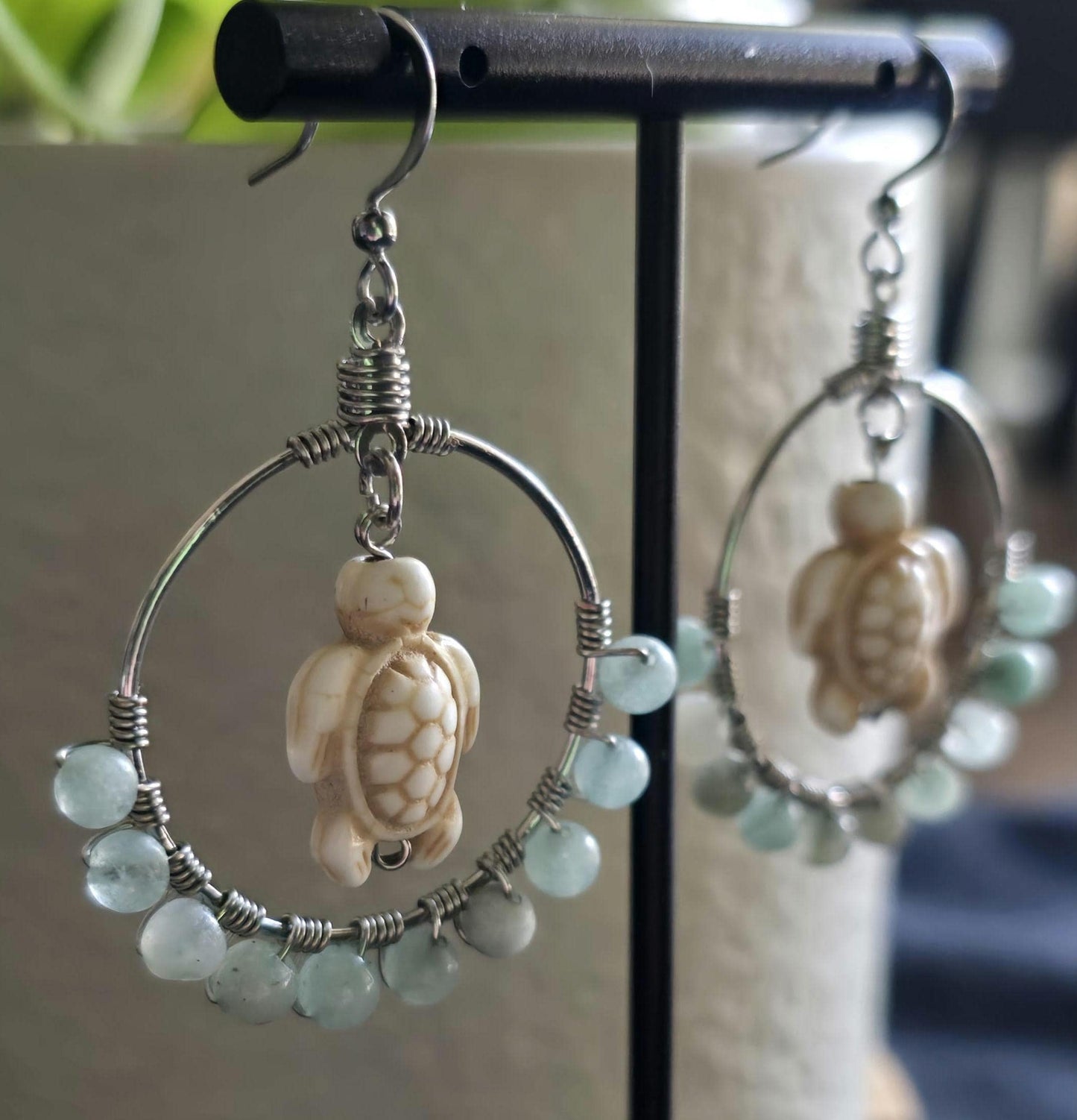 Amazonite Stone Turtle Hoops, Silver Wire Wrapped Dangle Earrings, Ocean Theme Jewelry