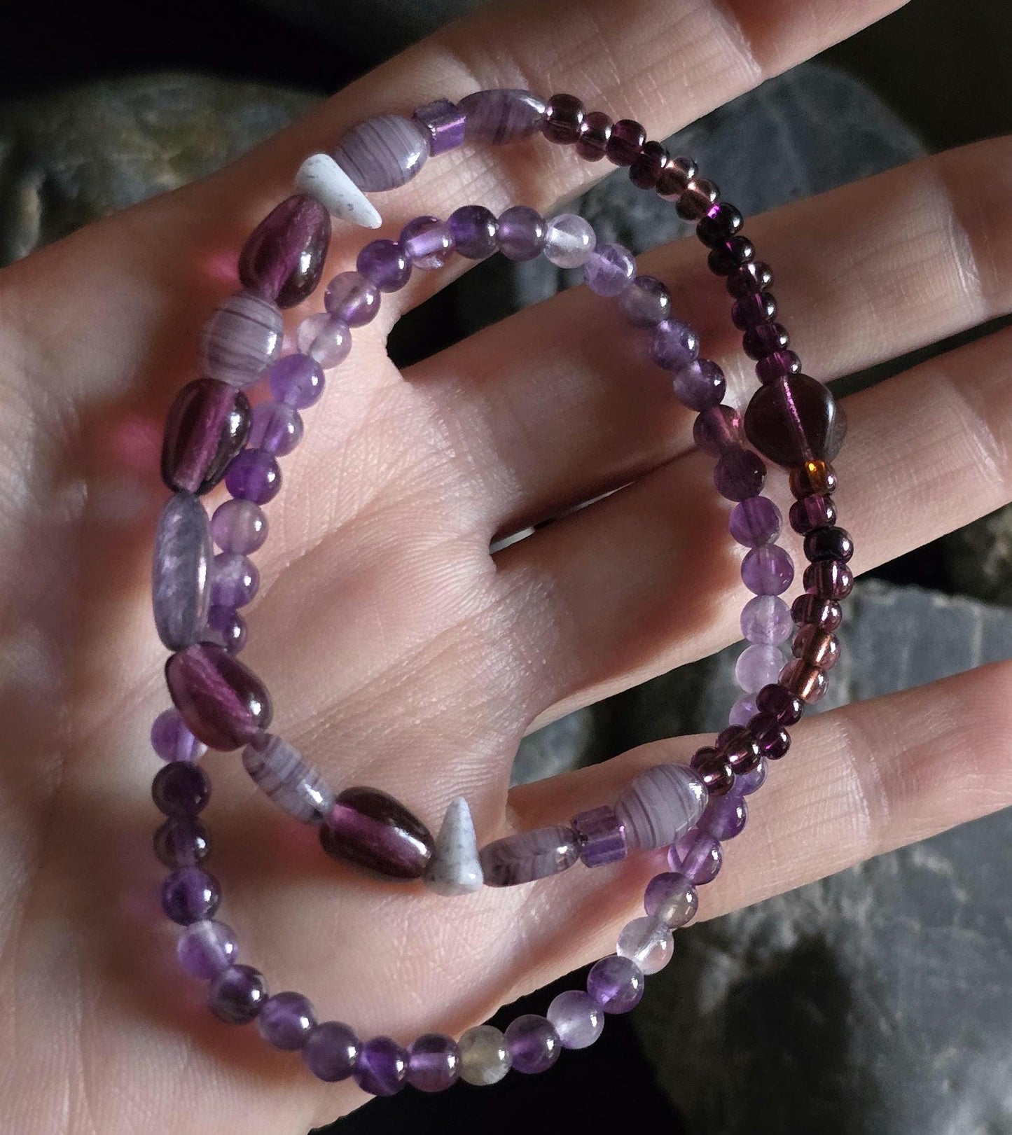 Amethyst Gemstone Beaded Bracelet Set, Purple Boho Layering Jewelry
