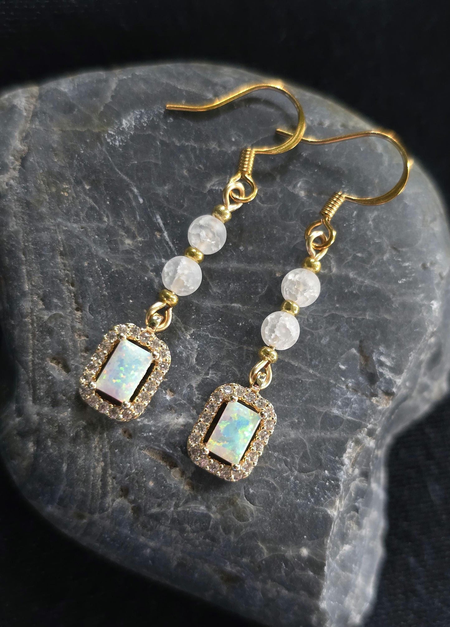 Gold and Glass Crackle Beaded Synthetic Opal Pendant Handmade Dangle Earrings