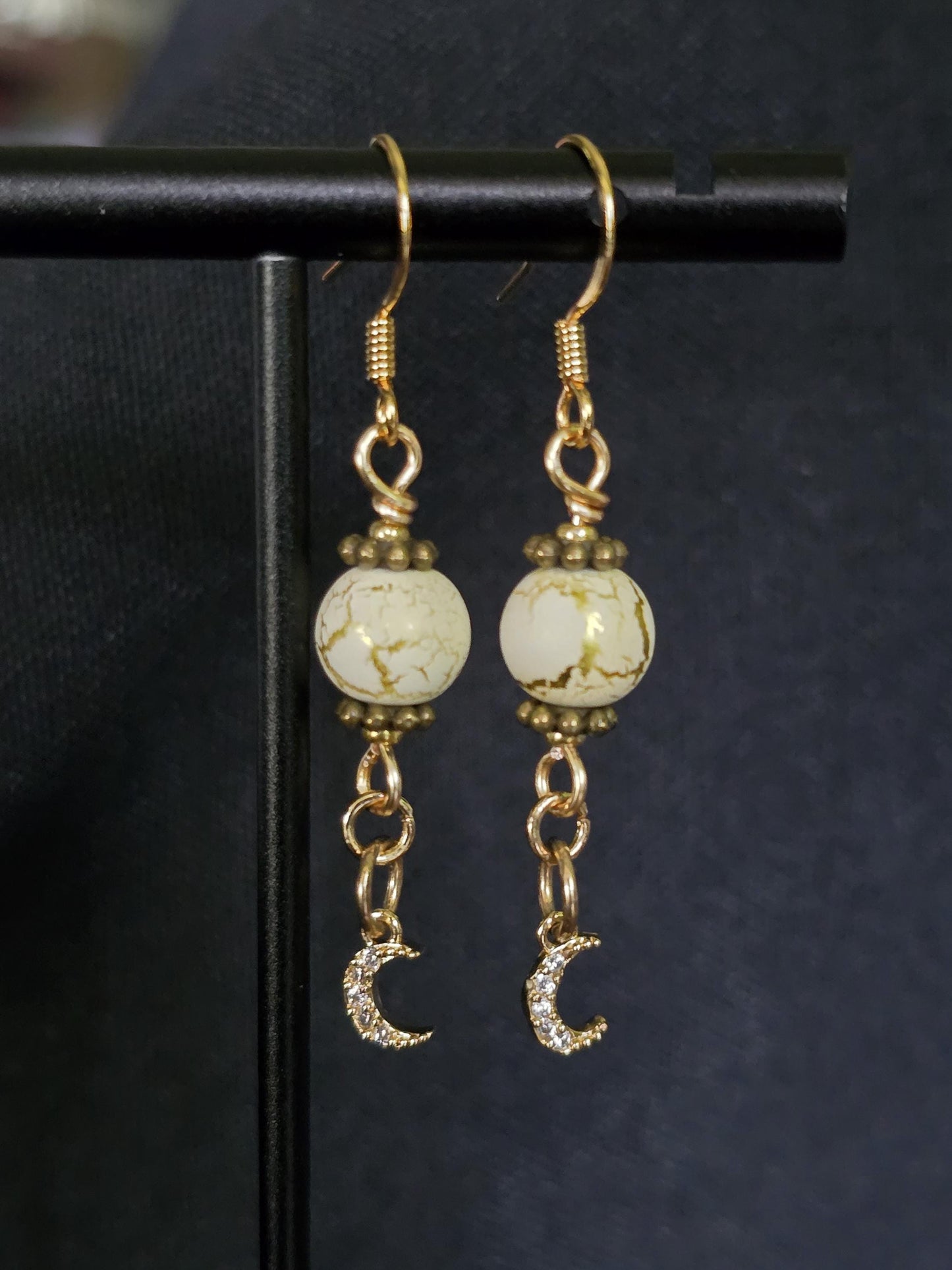 White Gold Moon Dangle Earrings, Celestial Boho Crystal Jewelry