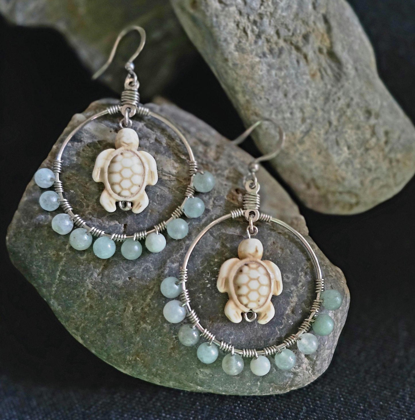 Amazonite Stone Turtle Hoops, Silver Wire Wrapped Dangle Earrings, Ocean Theme Jewelry